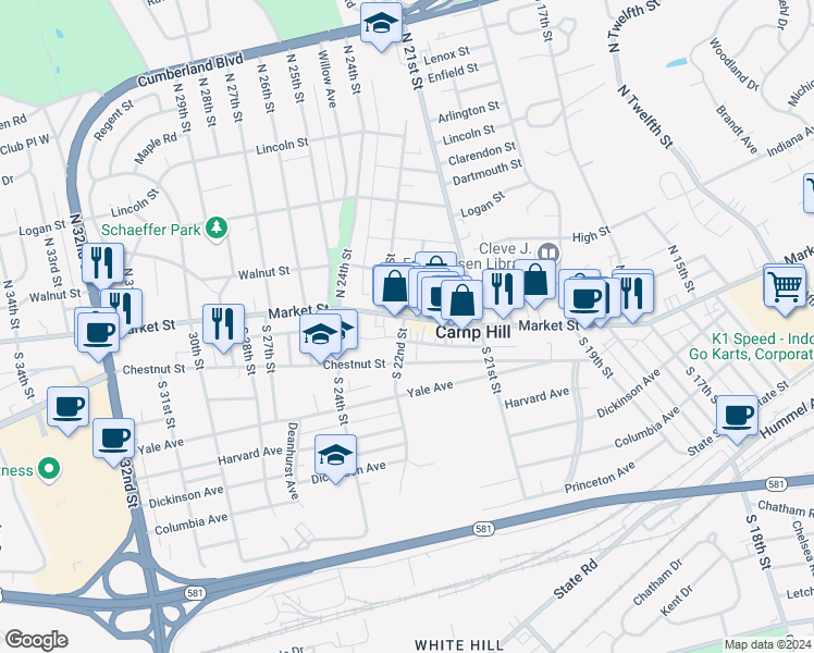 map of restaurants, bars, coffee shops, grocery stores, and more near 2163 Market Street in Camp Hill