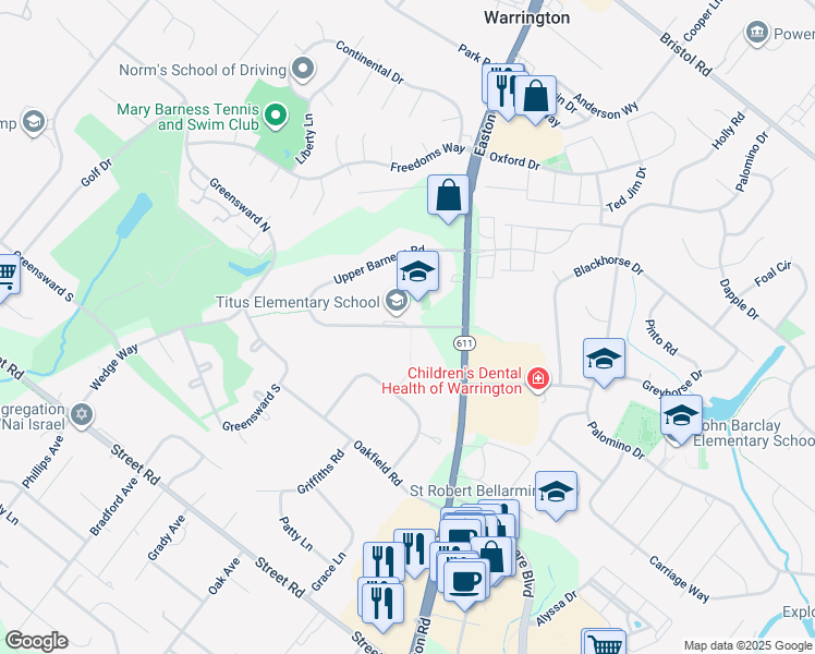 map of restaurants, bars, coffee shops, grocery stores, and more near 2346 Lower Barness Road in Warrington