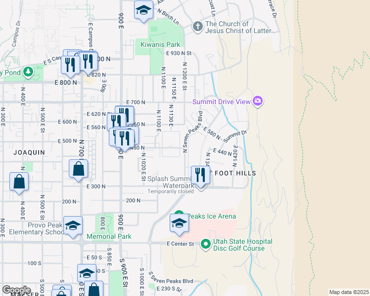 map of restaurants, bars, coffee shops, grocery stores, and more near 448 North Seven Peaks Boulevard in Provo