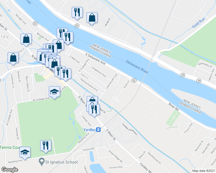 map of restaurants, bars, coffee shops, grocery stores, and more near 69 Letchworth Avenue in Yardley