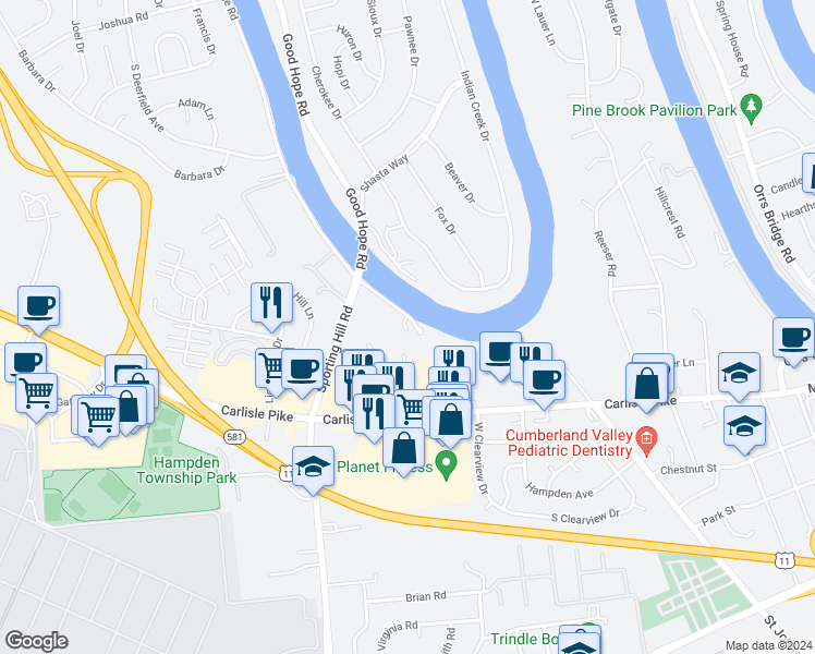 map of restaurants, bars, coffee shops, grocery stores, and more near 4970 Erbs Bridge Road in Mechanicsburg