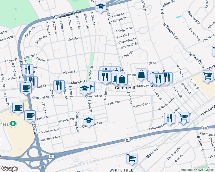 map of restaurants, bars, coffee shops, grocery stores, and more near 2163 Market Street in Camp Hill