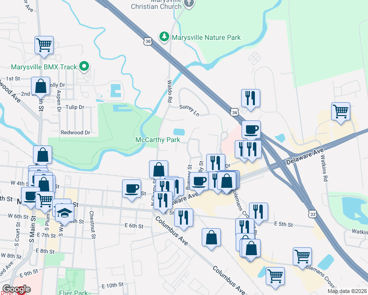 map of restaurants, bars, coffee shops, grocery stores, and more near 300 Buerger Street in Marysville