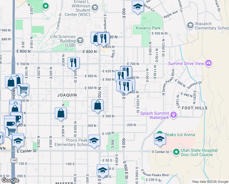 map of restaurants, bars, coffee shops, grocery stores, and more near 474 800 East in Provo