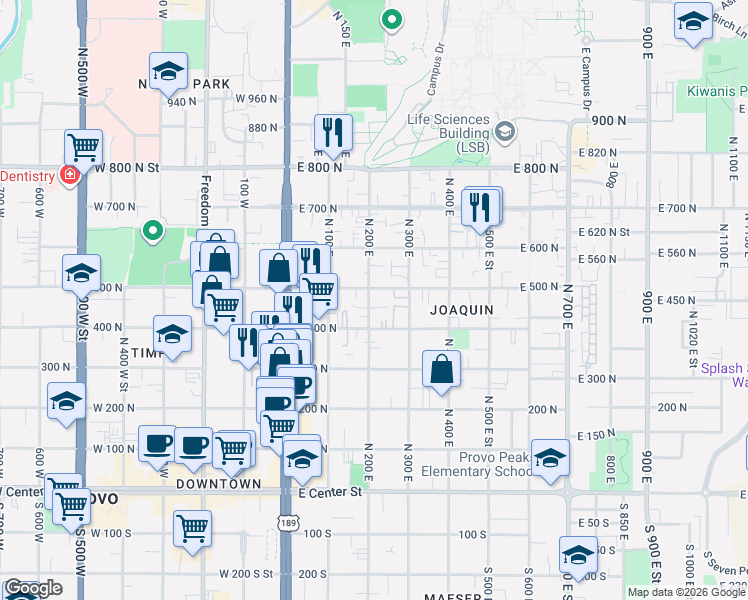 map of restaurants, bars, coffee shops, grocery stores, and more near 515 North 200 East in Provo