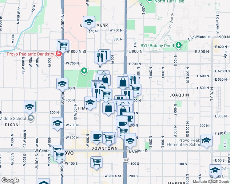 map of restaurants, bars, coffee shops, grocery stores, and more near 68 500 North in Provo