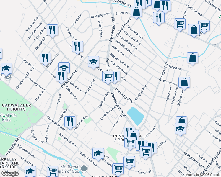 map of restaurants, bars, coffee shops, grocery stores, and more near 1000 Pennington Road in Trenton