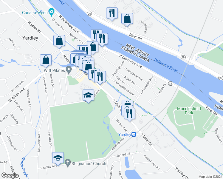 map of restaurants, bars, coffee shops, grocery stores, and more near 9 East College Avenue in Yardley