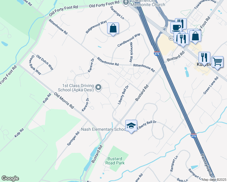 map of restaurants, bars, coffee shops, grocery stores, and more near 603 Freedom Circle in Harleysville