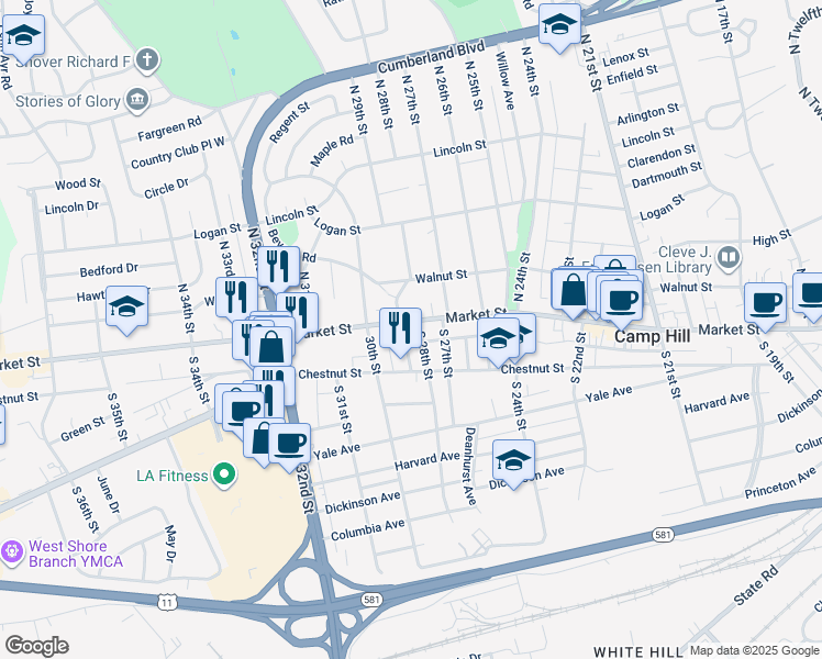 map of restaurants, bars, coffee shops, grocery stores, and more near 2724 Market Street in Camp Hill