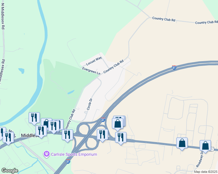 map of restaurants, bars, coffee shops, grocery stores, and more near 25 Circle Drive in Carlisle