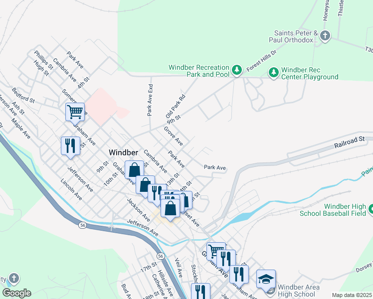 map of restaurants, bars, coffee shops, grocery stores, and more near 810 12th Street in Windber