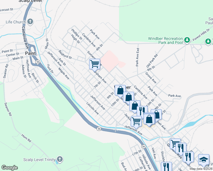 map of restaurants, bars, coffee shops, grocery stores, and more near 713 Graham Avenue in Windber