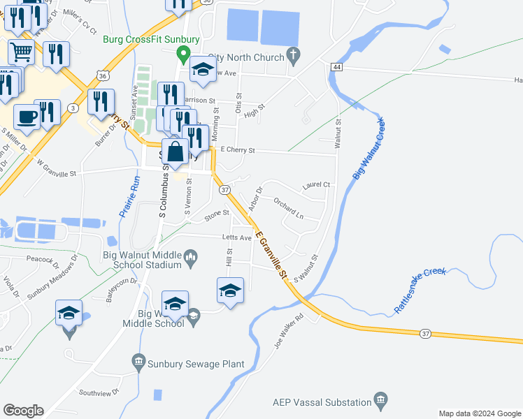 map of restaurants, bars, coffee shops, grocery stores, and more near 125 Arbor Drive in Sunbury