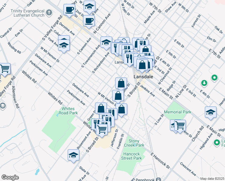 map of restaurants, bars, coffee shops, grocery stores, and more near 153 Green Street in Lansdale
