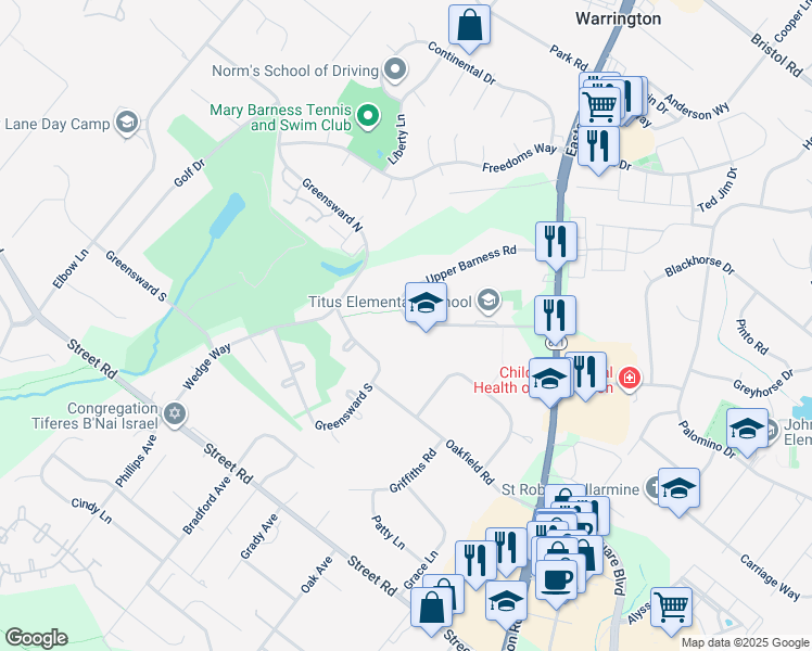 map of restaurants, bars, coffee shops, grocery stores, and more near 2346 Lower Barness Road in Warrington