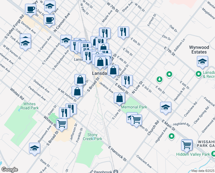 map of restaurants, bars, coffee shops, grocery stores, and more near 21 Jenkins Avenue in Lansdale