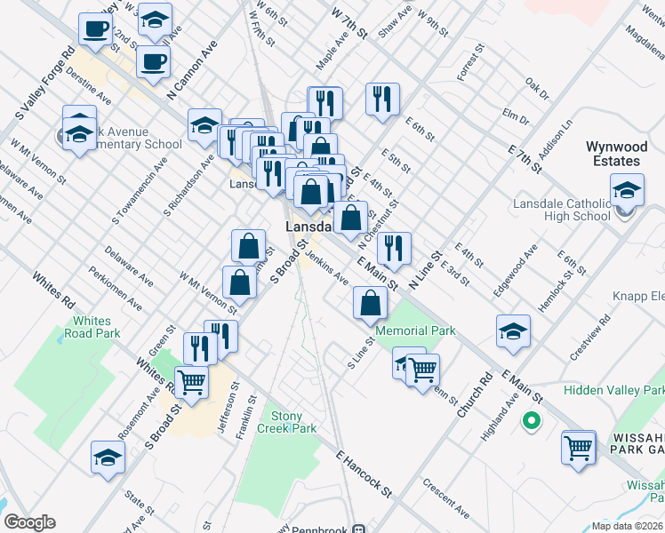 map of restaurants, bars, coffee shops, grocery stores, and more near 41 Jenkins Avenue in Lansdale