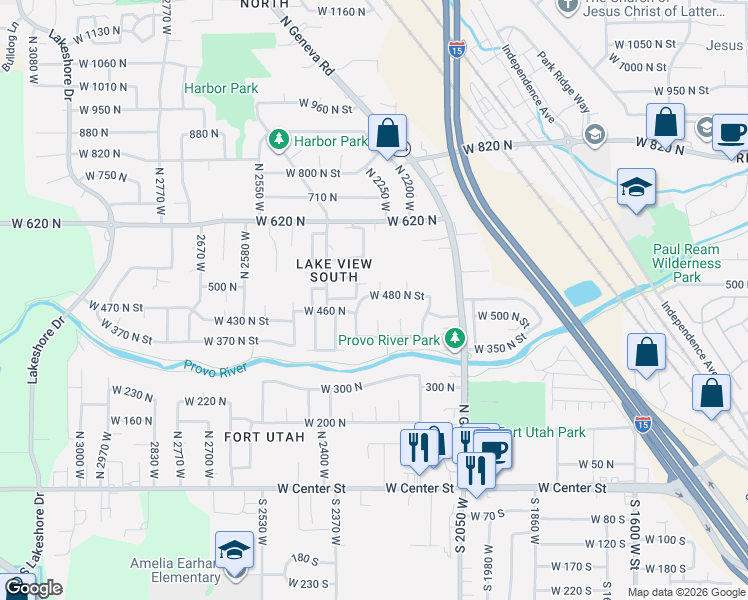 map of restaurants, bars, coffee shops, grocery stores, and more near 2269 West 480 North Street in Provo