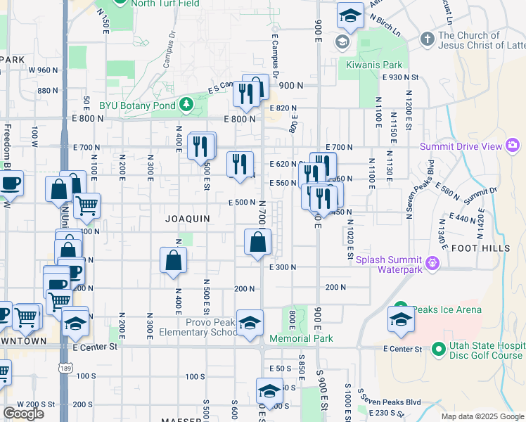 map of restaurants, bars, coffee shops, grocery stores, and more near 476 N 700 E in Provo