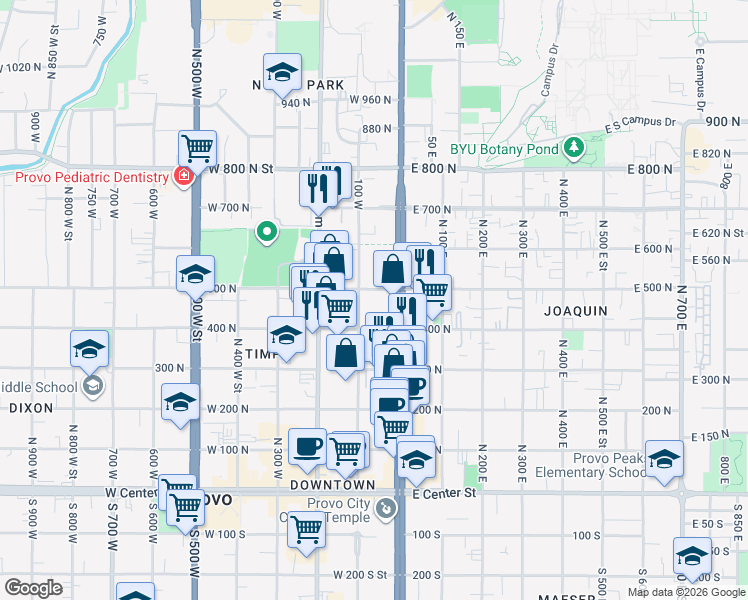 map of restaurants, bars, coffee shops, grocery stores, and more near 59 500 North in Provo