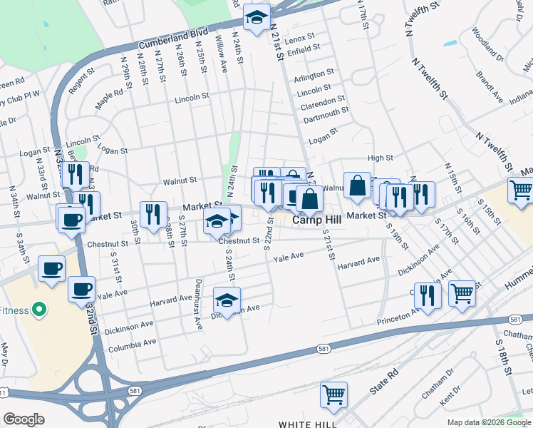 map of restaurants, bars, coffee shops, grocery stores, and more near 2208 Market Street in Camp Hill