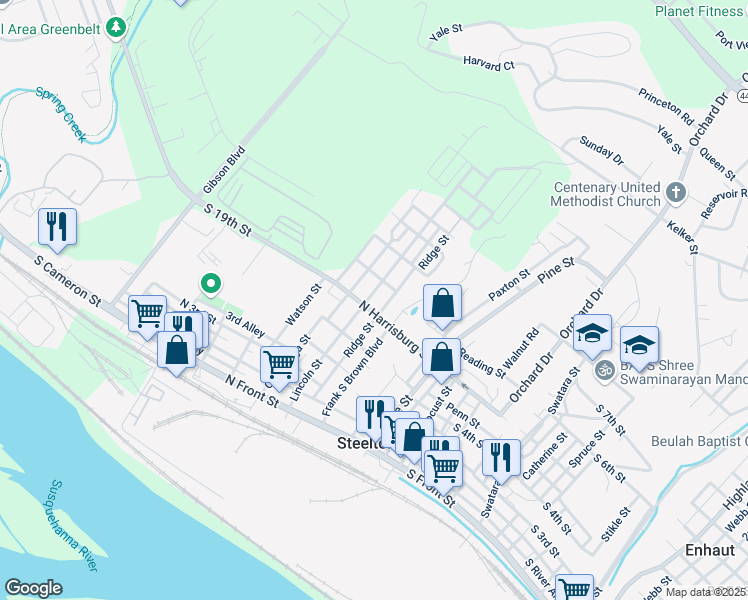 map of restaurants, bars, coffee shops, grocery stores, and more near 314 Lincoln Street in Steelton
