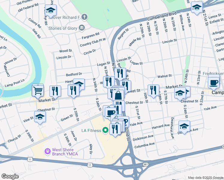map of restaurants, bars, coffee shops, grocery stores, and more near 30 North 33rd Street in Camp Hill