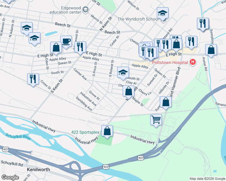 map of restaurants, bars, coffee shops, grocery stores, and more near 160 South Roland Street in Pottstown