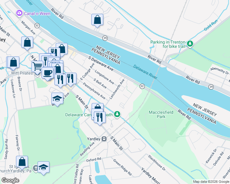 map of restaurants, bars, coffee shops, grocery stores, and more near 71 Letchworth Avenue in Morrisville