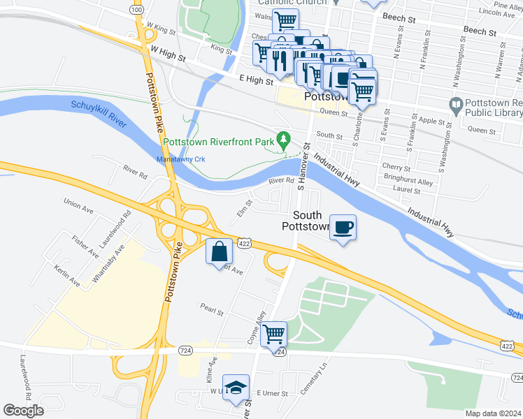 map of restaurants, bars, coffee shops, grocery stores, and more near 151 West Main Street in Pottstown