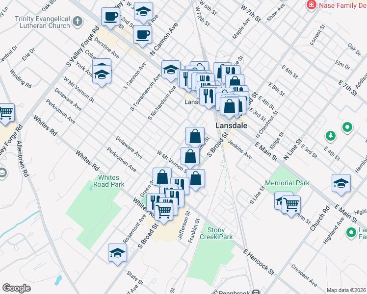 map of restaurants, bars, coffee shops, grocery stores, and more near 145 Green Street in Lansdale