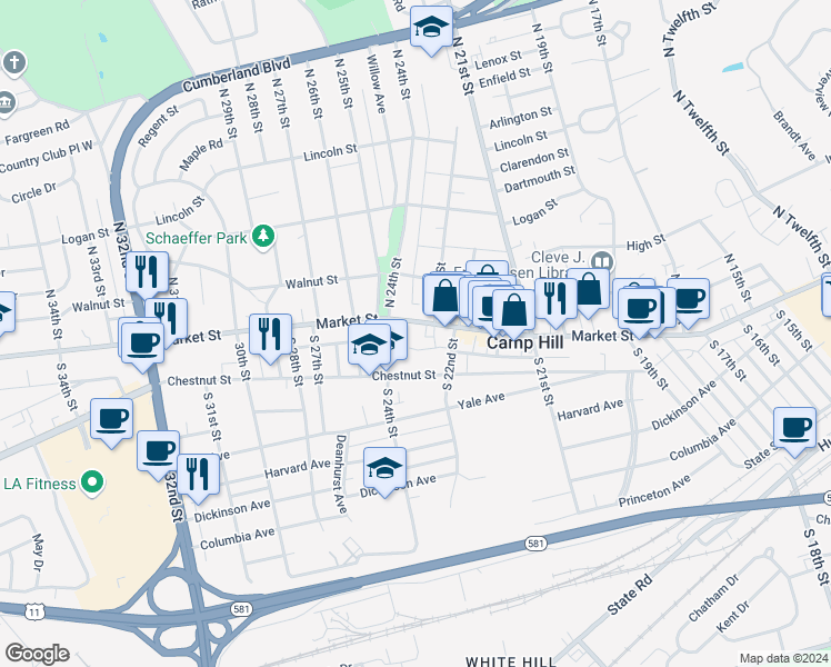 map of restaurants, bars, coffee shops, grocery stores, and more near 2321 Market Street in Camp Hill