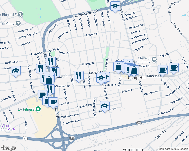 map of restaurants, bars, coffee shops, grocery stores, and more near 2616 Market Street in Camp Hill