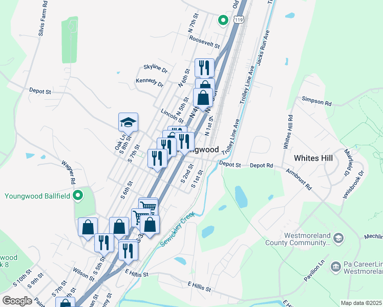 map of restaurants, bars, coffee shops, grocery stores, and more near in Youngwood