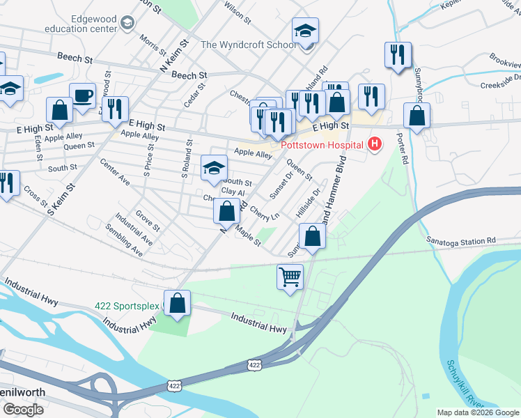 map of restaurants, bars, coffee shops, grocery stores, and more near 1410 Sunset Drive in Pottstown