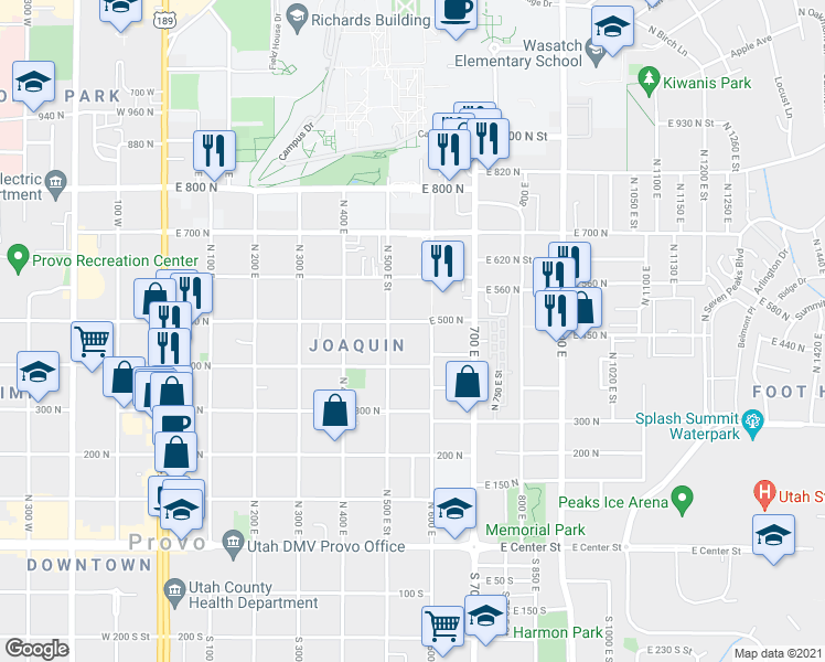 map of restaurants, bars, coffee shops, grocery stores, and more near 505 East 500 North in Provo