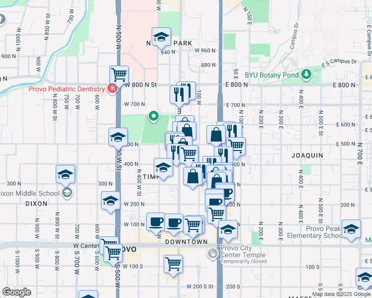 map of restaurants, bars, coffee shops, grocery stores, and more near 164 500 North in Provo
