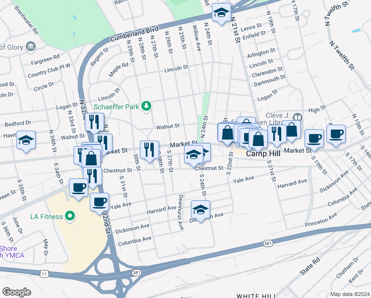 map of restaurants, bars, coffee shops, grocery stores, and more near 2501 Market Street in Camp Hill