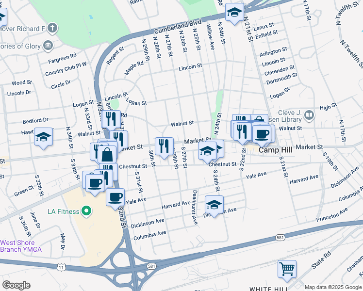 map of restaurants, bars, coffee shops, grocery stores, and more near 2724 Market Street in Camp Hill
