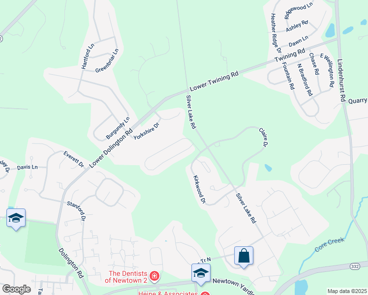 map of restaurants, bars, coffee shops, grocery stores, and more near 6 Copperleaf Drive in Newtown