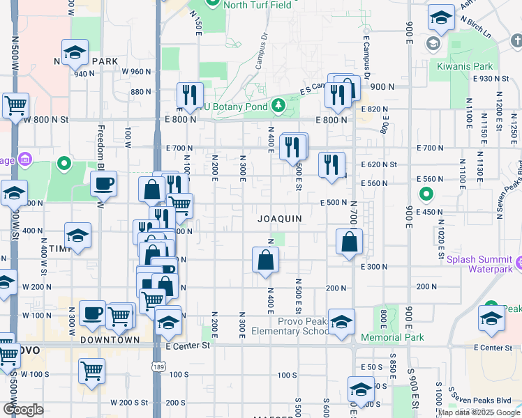 map of restaurants, bars, coffee shops, grocery stores, and more near 355 East 500 North in Provo