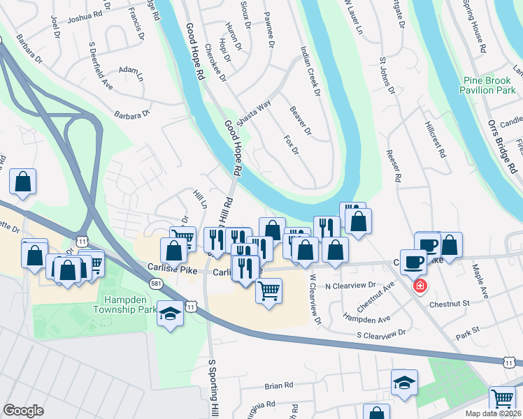 map of restaurants, bars, coffee shops, grocery stores, and more near 4970 Erbs Bridge Road in Mechanicsburg