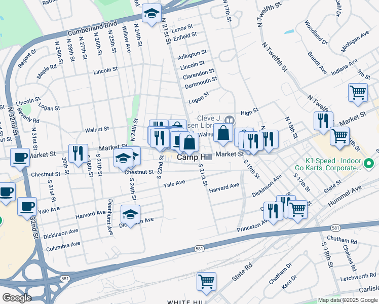 map of restaurants, bars, coffee shops, grocery stores, and more near 2112 Market Street in Camp Hill