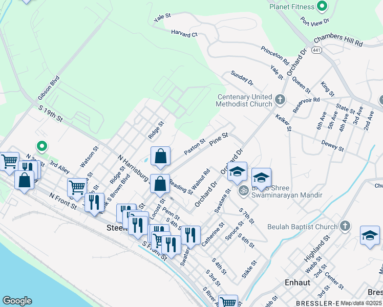 map of restaurants, bars, coffee shops, grocery stores, and more near 629 Pine Street in Steelton