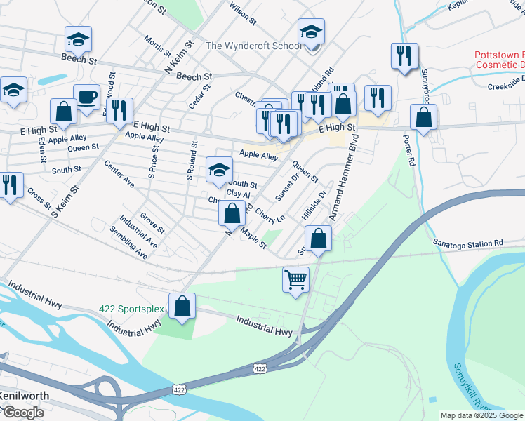 map of restaurants, bars, coffee shops, grocery stores, and more near 1413 Cherry Lane in Pottstown