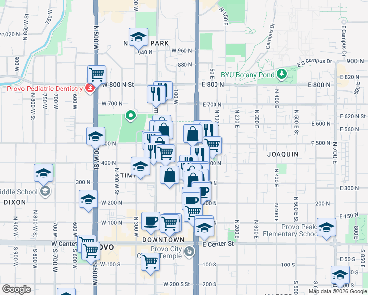 map of restaurants, bars, coffee shops, grocery stores, and more near 59 500 North in Provo
