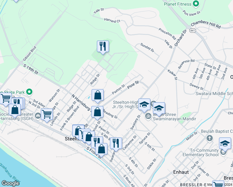 map of restaurants, bars, coffee shops, grocery stores, and more near 629 Pine Street in Steelton