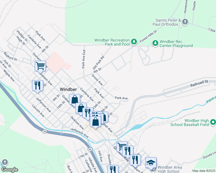 map of restaurants, bars, coffee shops, grocery stores, and more near 810 12th Street in Windber