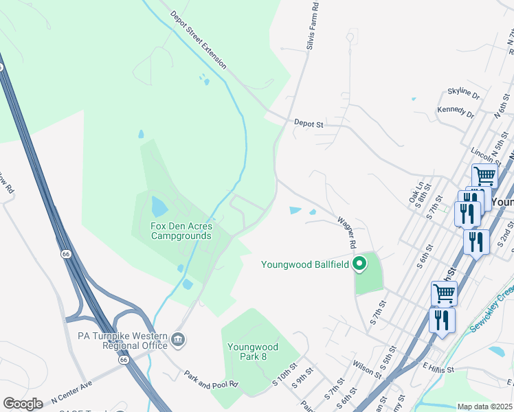 map of restaurants, bars, coffee shops, grocery stores, and more near 114 Yellow Pine Lane in New Stanton